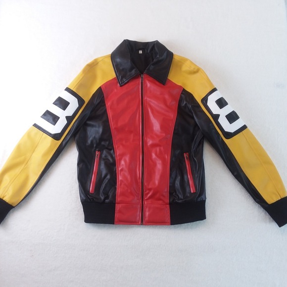 8 Ball Jacket Mens Retro Style Bomber Full Zip Red Yellow Black Faux Leather Lg - Picture 8 of 16